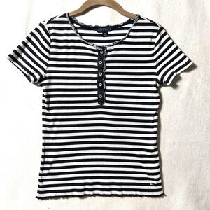 Vintage Y2K Tommy Hilfiger S Small Stripe Stretch Babydoll Lettuce Hem Shirt Top